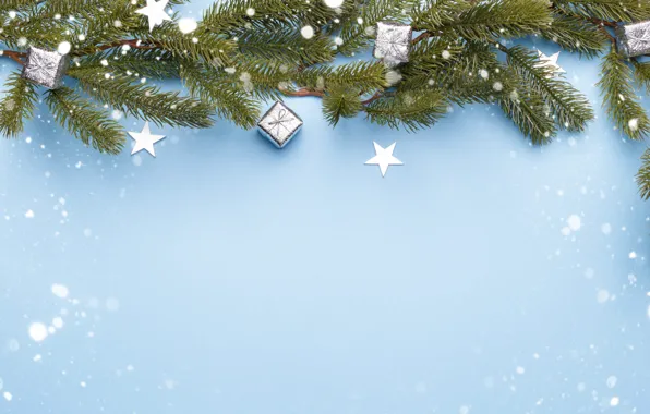 Картинка звезды, снег, ветки, Рождество, Новый год, хвоя, голубой фон, ёлочные игрушки, новогодние украшения, коробочки