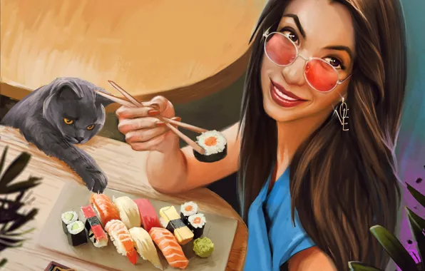 Картинка кот, взгляд, девушка, улыбка, очки, суши, Kaloyan Stoyanov