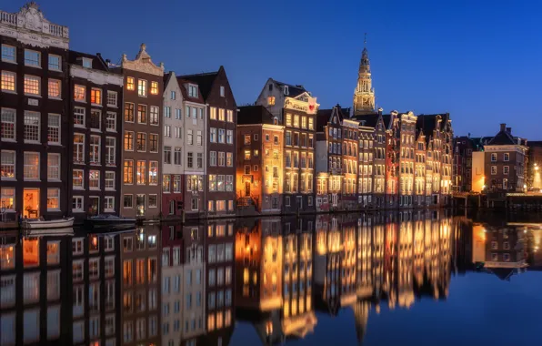 Картинка вода, отражение, здания, дома, Амстердам, канал, Нидерланды, Amsterdam, Netherlands, Де Валлен, De Wallen