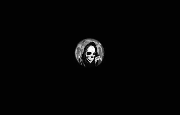 Картинка skull, minimalism, death, artwork, black background, bones, drawing, door, hood, skeleton, spooky, simple background, Grim …