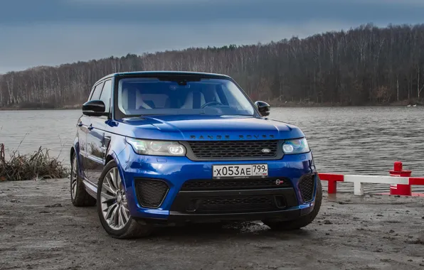 Картинка car, машина, лес, вода, внедорожник, Range Rover, спереди, синяя машина, Academeg, Range Rover SVR