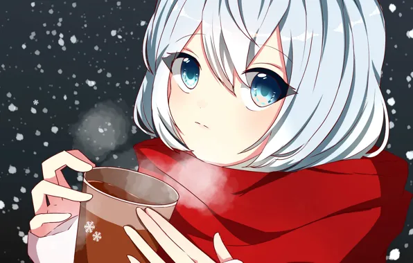 Картинка девушка, снег, пар, чашка, by 萌