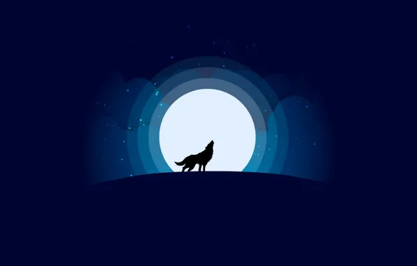 Картинка moon, minimalism, stars, Wolf, animal, digital art, artwork, silhouette, wild, simple background, howling