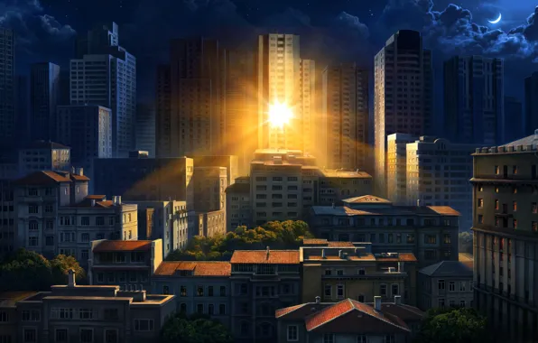 Картинка солнце, город, отражение, утро, арт, Olga Antonenko, Illustration for Philips Hue Go Ilan poster