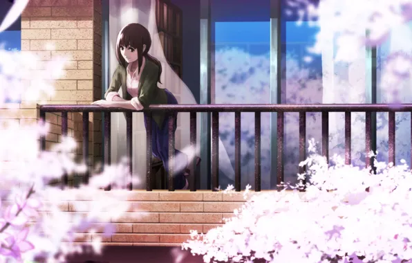 Картинка девушка, весна, сакура, балкон