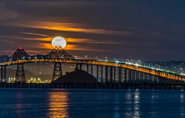 Картинка вода, ночь, мост, луна, Калифорния, залив, California, San Francisco Bay, Залив Сан-Франциско, Richmond-San Rafael Bridge, …
