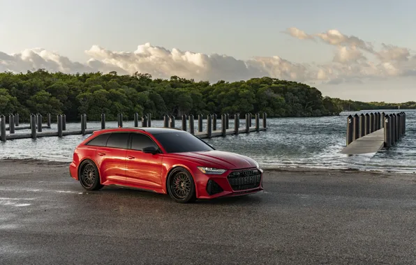 Картинка Audi, Clouds, Sky, Water, RED, Avant, RS6, VAG