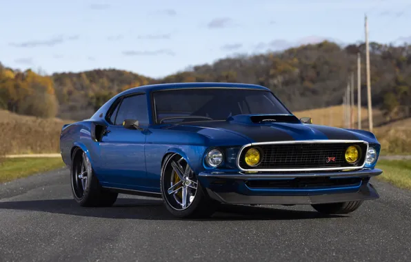Картинка Mustang, Ford, 1969, Ford Mustang, Blue, Road, SEMA, Ringbrothers, SEMA 2022, Patriarc, Ringbrothers Ford Mustang …