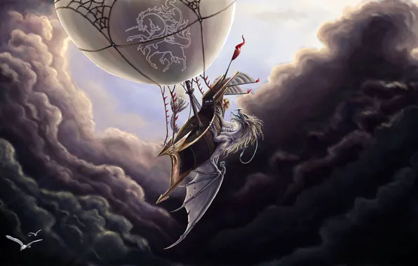 Картинка небо, тучи, шар, чайки, нападение, sky, aircraft, clouds, альбинос, albino, fantasy art, attack, balloon, seagulls, …