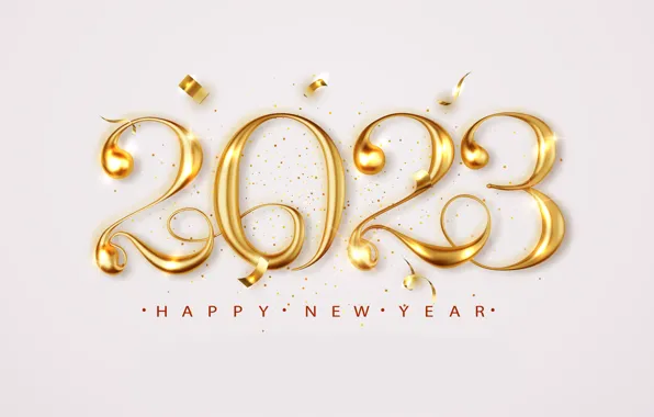 Картинка сияние, надпись, блеск, цифры, Новый год, позолота, светлый фон, дата, 2023