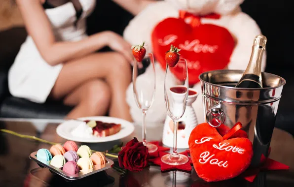 Картинка девушка, романтика, сердце, розы, клубника, шампанское, Valentine's Day