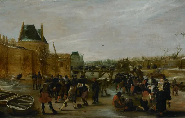 Картинка пейзаж, масло, картина, Хендрик Аверкамп, 1620, Hendrick Avercamp, Развлечения на льду на городском канале