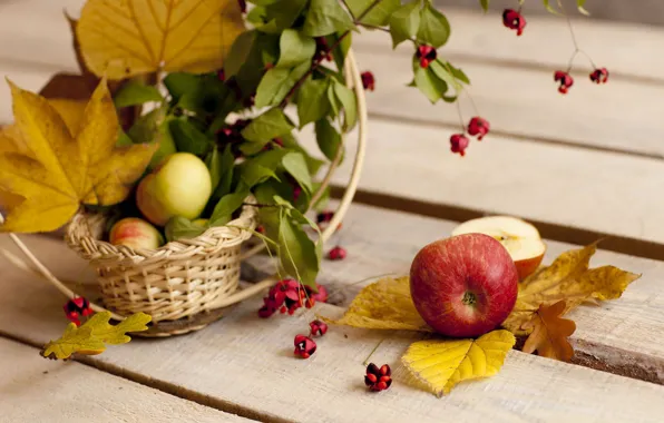Картинка осень, листья, яблоки, букет, натюрморт, корзинка, боке, осенние листья