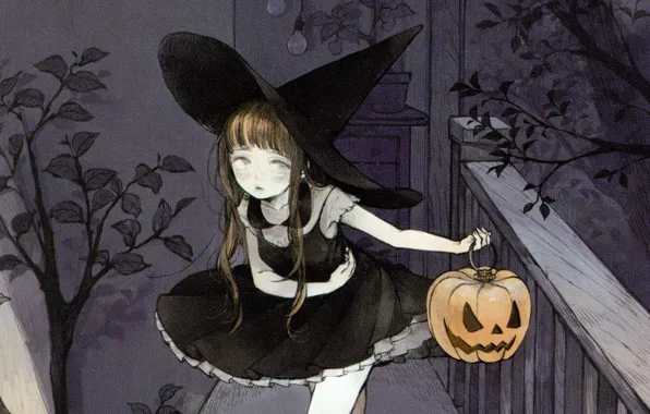 Картинка вечер, перила, Halloween, тыква, art, светильник Джека, шляпа ведьмы, ведьмочка, Nekosuke