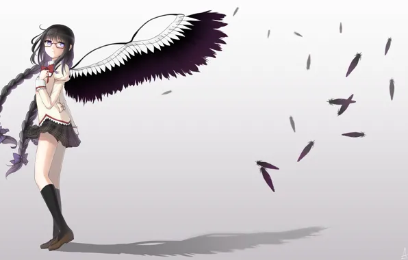 Картинка девушка, крылья, тень, ангел, перья, Bakemonogatari