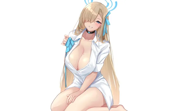 Картинка girl, sexy, boobs, anime, pretty, halo, blonde, breasts, smiling, shirt, oppai, thighs, collar, thick, clevage, …