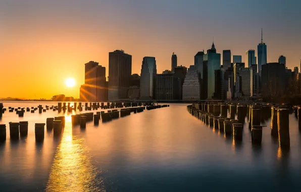 Картинка закат, здания, Нью-Йорк, Манхэттен, небоскрёбы, Manhattan, New York City, East River, Ист-Ривер