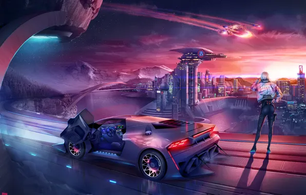 Картинка Город, Lamborghini, Будущее, Girl, Фон, City, Car, 80s, Фантастика, Neon, Illustration, Science Fiction, 80's, Synth, …