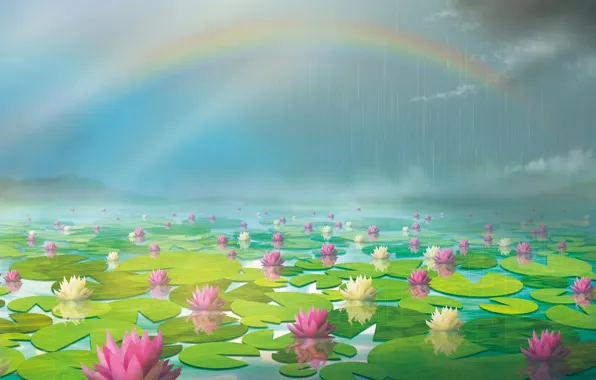 Картинка пруд, дождь, радуга, кувшинки