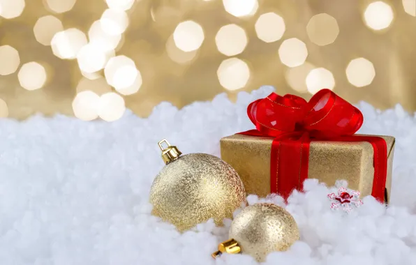 Картинка снег, подарок, шары, Новый Год, Рождество, Christmas, balls, snow, New Year, gift, decoration, Happy, Merry