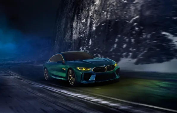 Картинка дорога, ночь, движение, купе, BMW, 2018, M8 Gran Coupe Concept