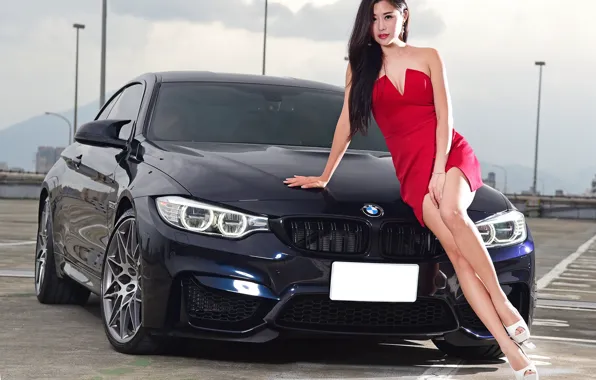 Картинка авто, взгляд, Девушки, BMW, красивая девушка, Stella, красивое платье, позирует над машиной
