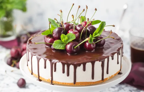 Картинка вишня, торт, украшение, десерт, шоколадная глазурь