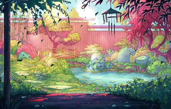 Картинка ручей, тропинка, веранда, в саду, деревянный забор, деревянный мост, колокольчик ветра, by Voyager