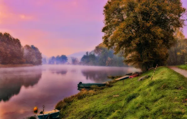 Картинка пейзаж, природа, туман, озеро, рассвет, лодки, утро, Италия, дорожка, Комо