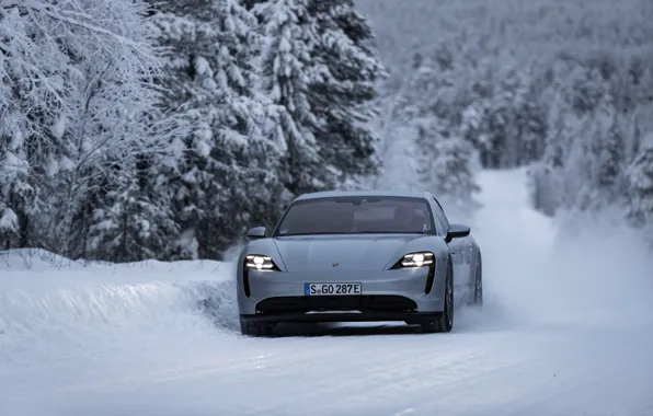 Картинка снег, серый, Porsche, вид спереди, на дороге, 2020, Taycan, Taycan 4S