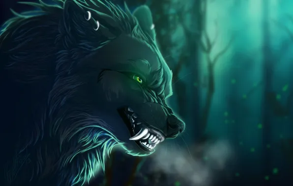 Картинка ночь, волк, оскал