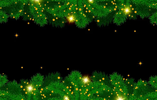 Картинка ветки, пространство, блики, праздник, графика, блеск, текстура, зеленые, Рождество, Новый год, черный фон, хвоя, гирлянды, …