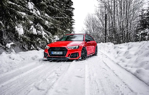 Картинка Audi, Красный, Дорога, Ауди, Снег, Лес, Red, Мощь, ABT, Универсал, RS4+