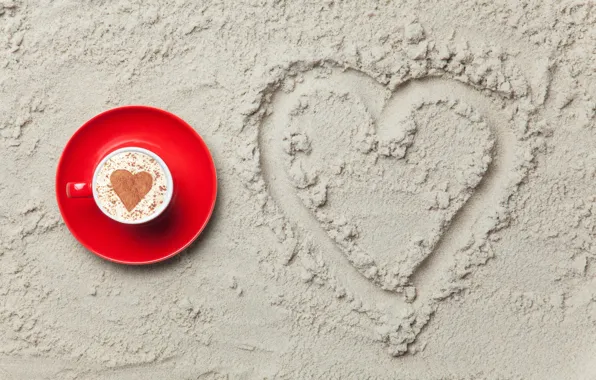 Картинка песок, любовь, сердце, love, heart, romantic, sand, coffee cup, чашка кофе