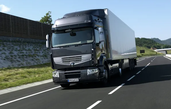 Картинка трасса, грузовик, Renault, седельный тягач, 4x2, полуприцеп, тёмно-серый, Premium Route, Renault Trucks