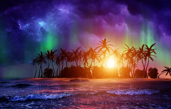 Картинка colorful, aurora, sky, trees, digital, sea, ocean, nature, sunset, island
