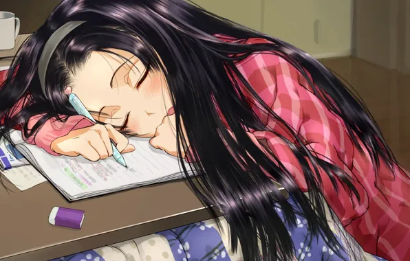 Картинка тетрадь, длинные волосы, халат, котацу, ластик, за столиком, спящая девочка