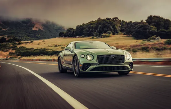 Картинка дорога, движение, купе, Bentley, холм, 2019, Continental GT V8