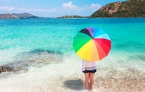 Картинка песок, море, пляж, лето, счастье, отдых, цвет, радуга, зонт, colorful, девочка, rainbow, girl, summer, happy, …