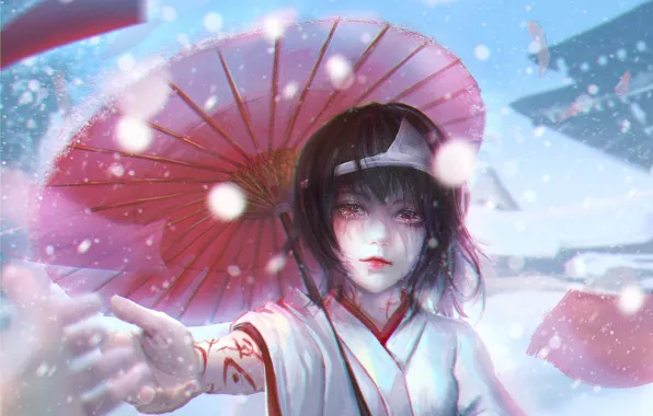 Картинка девушка, зонтик, рука, кимоно, диадема