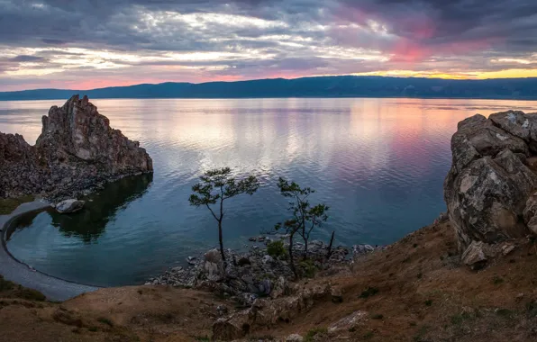 Картинка деревья, пейзаж, закат, природа, озеро, скалы, берег, Байкал
