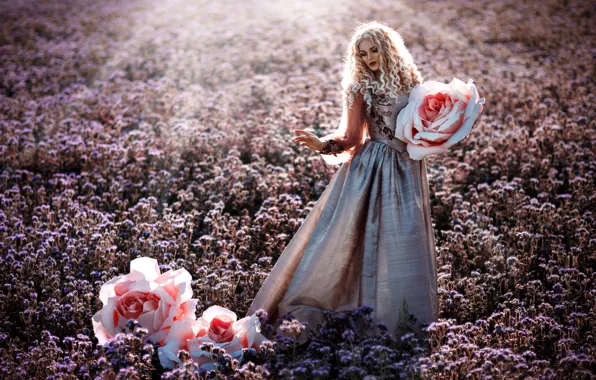 Картинка поле, девушка, цветы, поза, розы, платье, Melanie Dietze