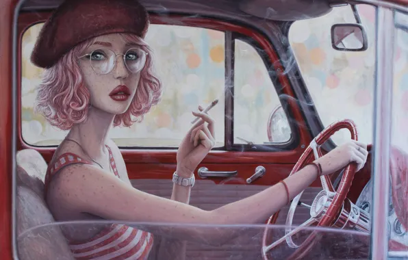 Картинка авто, девушка, зеркало, руль, очки, сигарета, веснушки, курит, берет, art, розовые волосы, наручные часы, смотрит …