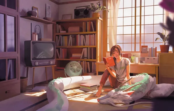 Картинка дракон, книги, вентилятор, телевизор, окно, девочка, на кровати, предметы, в комнате, чтение, Hayao Miyazaki, шкафы, …