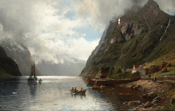 Картинка картина, живопись, painting, 1889, Norwegian Fjord Landscape, пейзаж с Норвежским фьордом, Anders Askevold