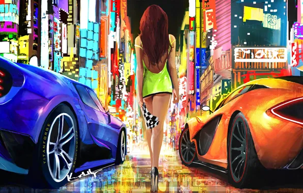 Картинка city, lights, girl, fantasy, supercar, digital art, artwork, fantasy art, high heels, McLaren P1, minidress, …