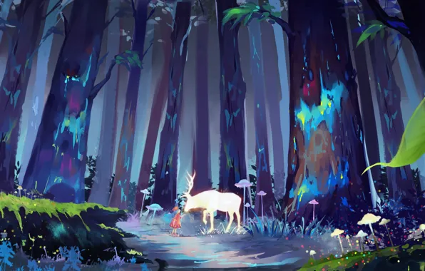 Картинка грибы, олень, девочка, рога, красное платье, друзья, тропинка, ребёнок, сказочный лес, в лесу, большие деревья
