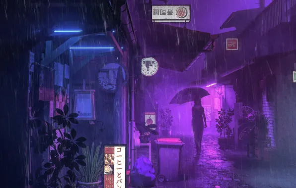Картинка девушка, ночь, дождь, улица, зонт, реклама, силуэт, вывески