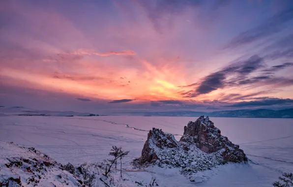 Картинка зима, небо, снег, горы, озеро, Байкал, мороз, Константин Леонтьев