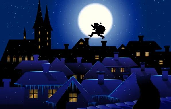 Картинка зима, кошка, кот, снег, ночь, город, темный фон, праздник, прыжок, луна, рисунок, графика, окна, дома, …